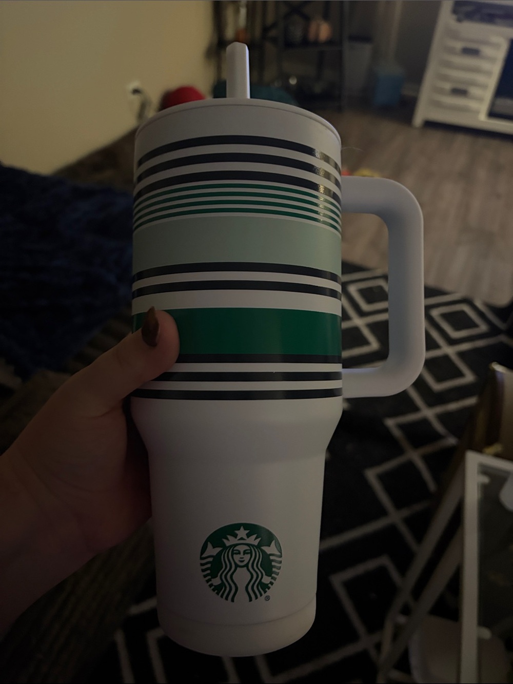 Starbucks White Travel Mug with Green and Black Stripes and Handle